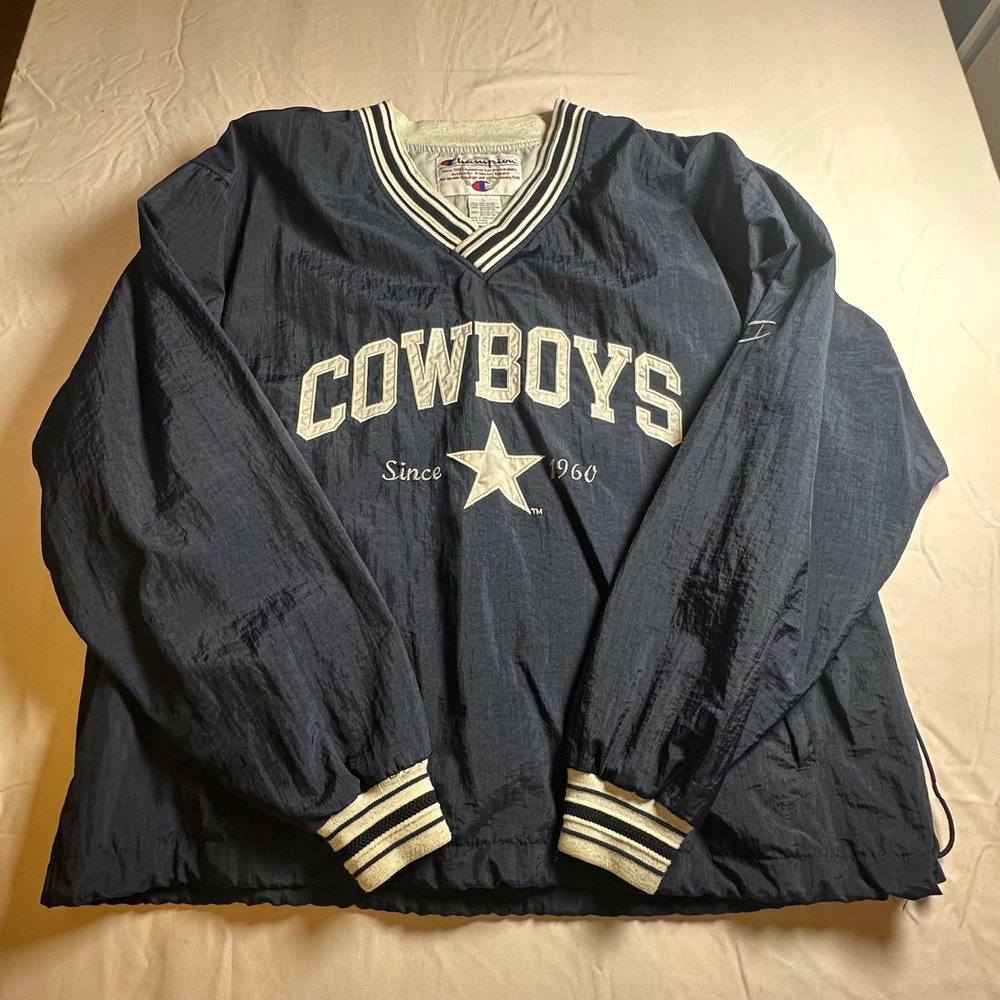 Champion Dallas Cowboys Windbreaker Pullover Navy Blue Mens Large V-Neck Jacket